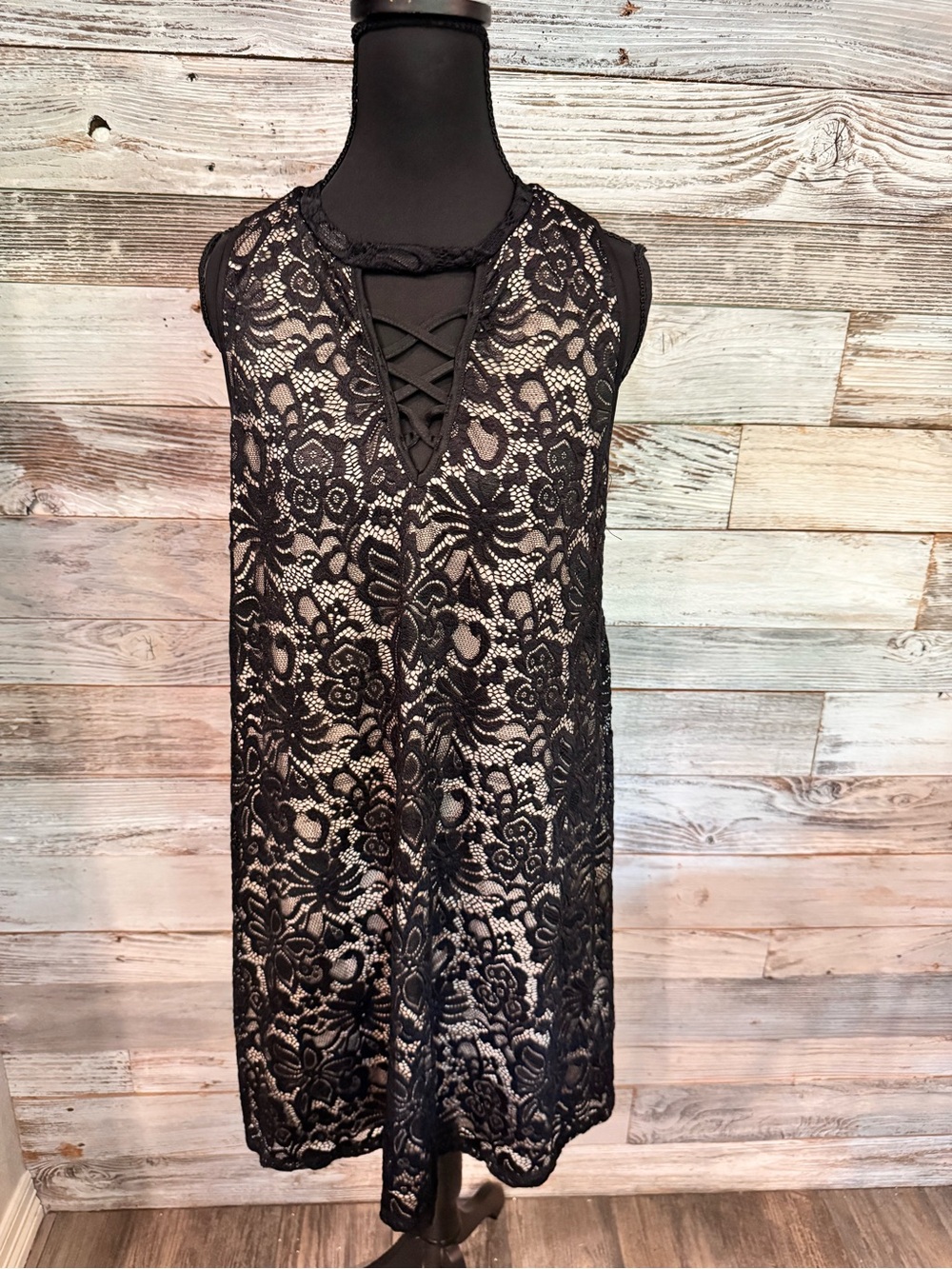 NWT Liberty Love Sleeveless Black Lace Overlay Mini Dress with Nude Lining